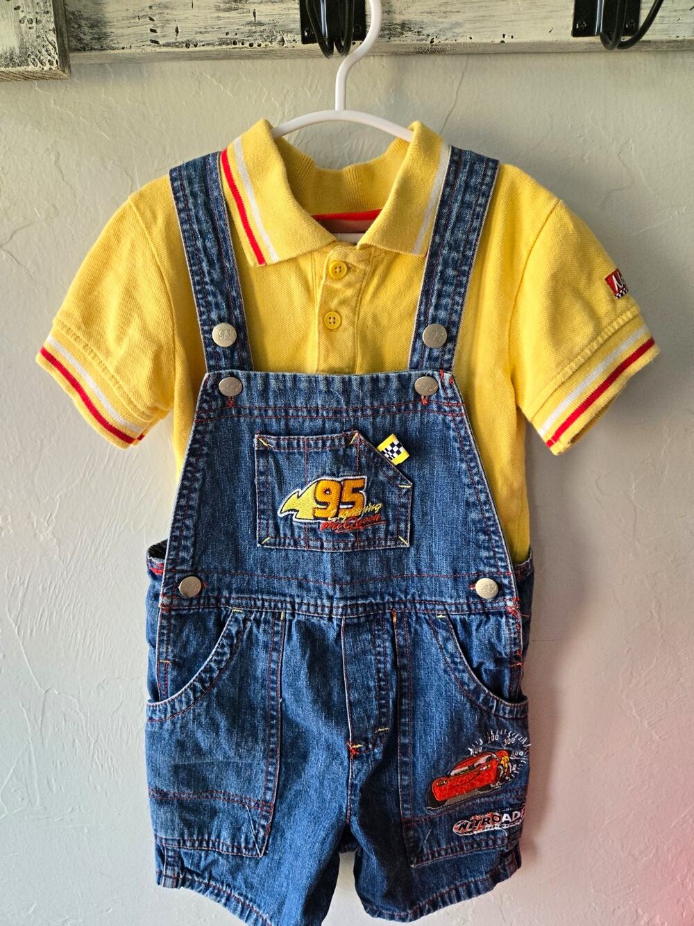 Vintage Disney Pixar Cars Lightning McQueen Overalls Set Boys 3T Y2K 2000s